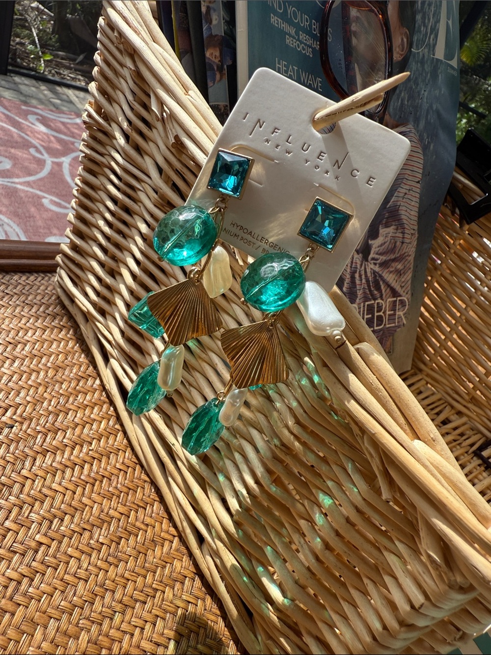 Gold Chain Drop Earrings with Turquoise Blue Beads and Pearlescent Accents - Picture 6 of 7